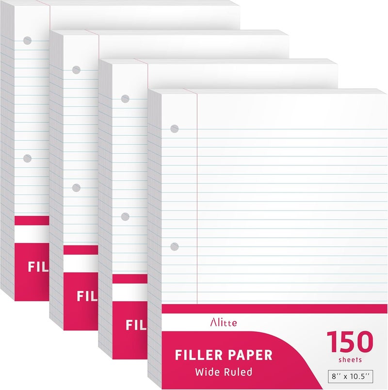 Alitte Loose Leaf Paper, Wide Ruled, 600 Sheets (150/Pack) Filler Paper for Writing Notes - School, College, Office - 3 Hole-Punch Lined Sheets for Ring Binders, Pocket Folders - White, 8 x 10.5 - Image 1